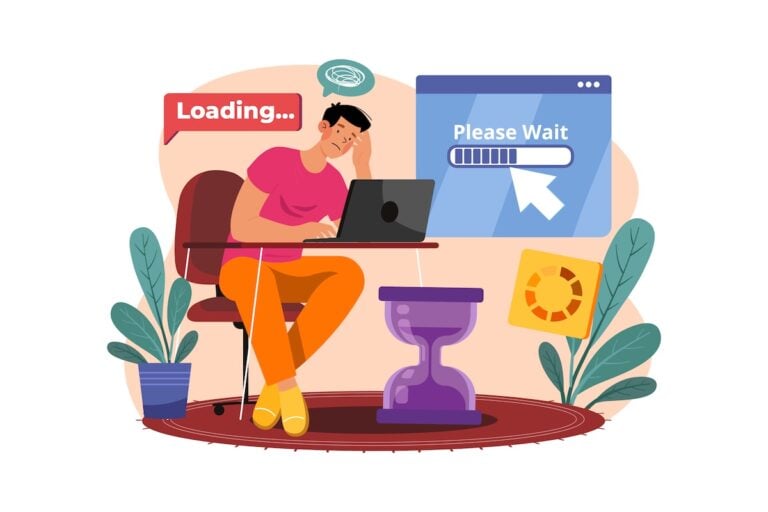 Man sitting at a desk and waiting for webpage to load.
