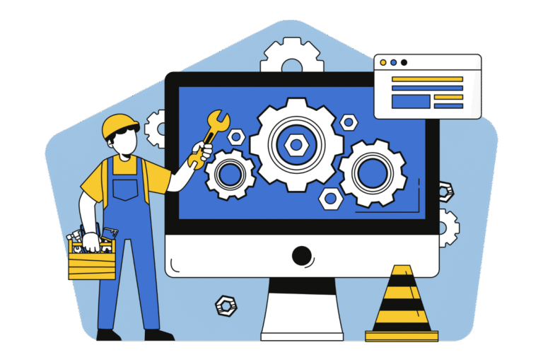 Illustration of a handman using a wrench to turn gears on a computer monitor.